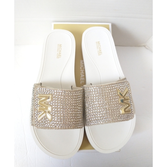 New! MICHAEL KORS Rhinestone MK Logo Platform Slide Sandals Shoes Open-Toe - Picture 4 of 7